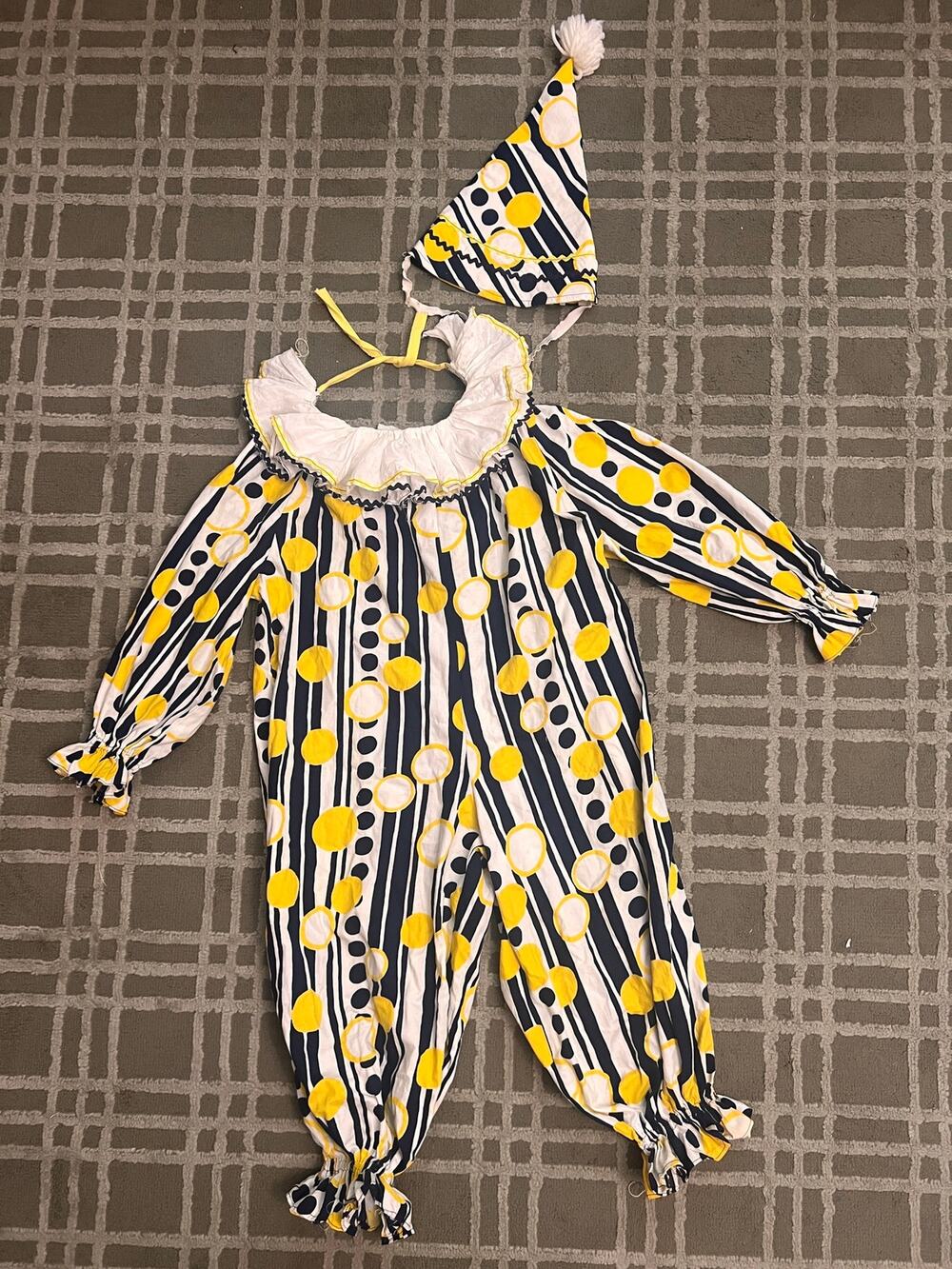 Vintage Handmade Kids Clown Costume 3 Piece Halloween Jumpsuit Hat Collar 6-7